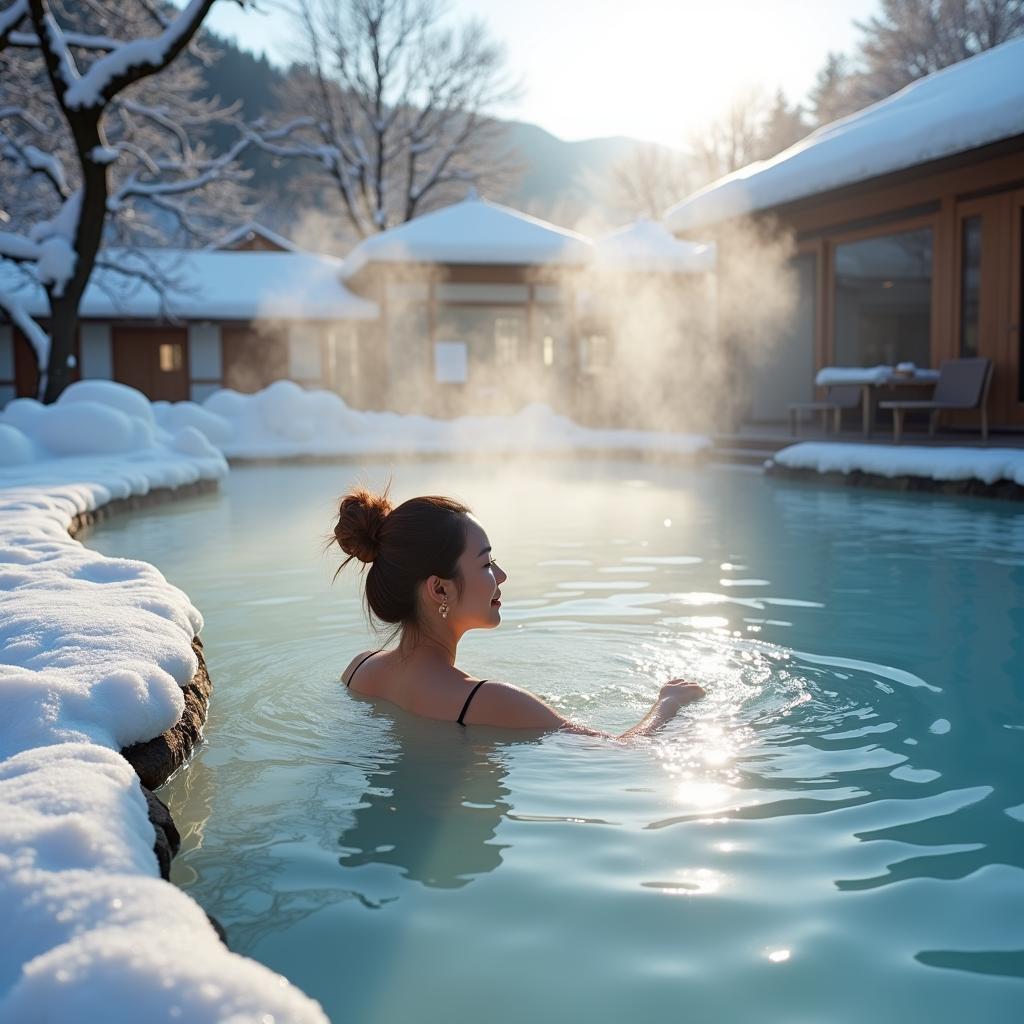 Du khách đang thư giãn trong suối nước nóng Onsen lộ thiên ở Nhật Bản tháng 1, giữa khung cảnh tuyết trắng lãng mạn và hơi nước bốc lên nghi ngút